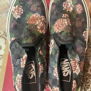 Vans Black and Pink Floral Checkered Slip-On Sneakers